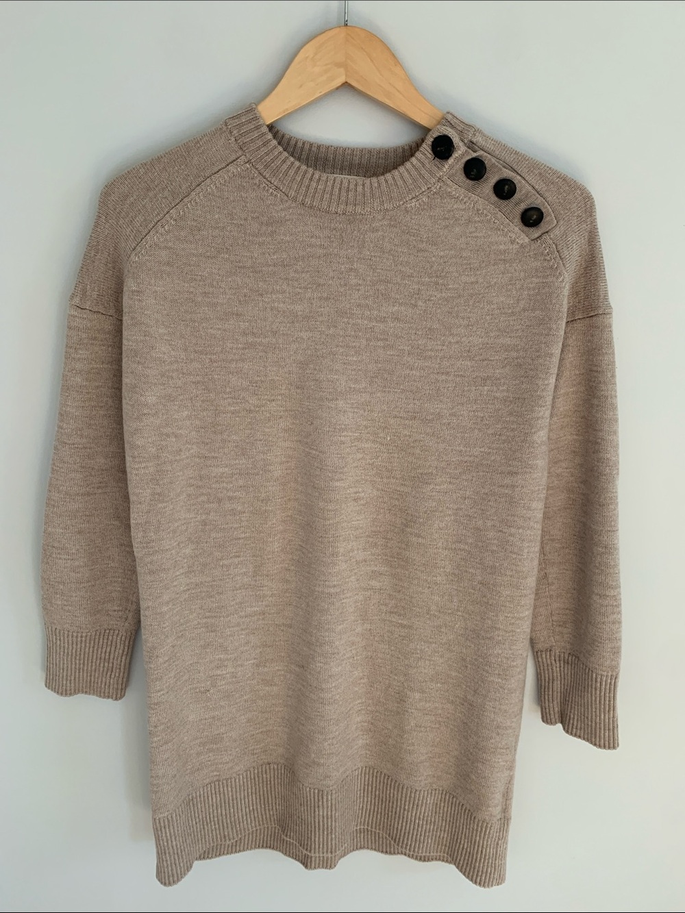 Sezane Mathie Dress Merino Wool Button Neck Beige Medium Quiet Luxury Classic